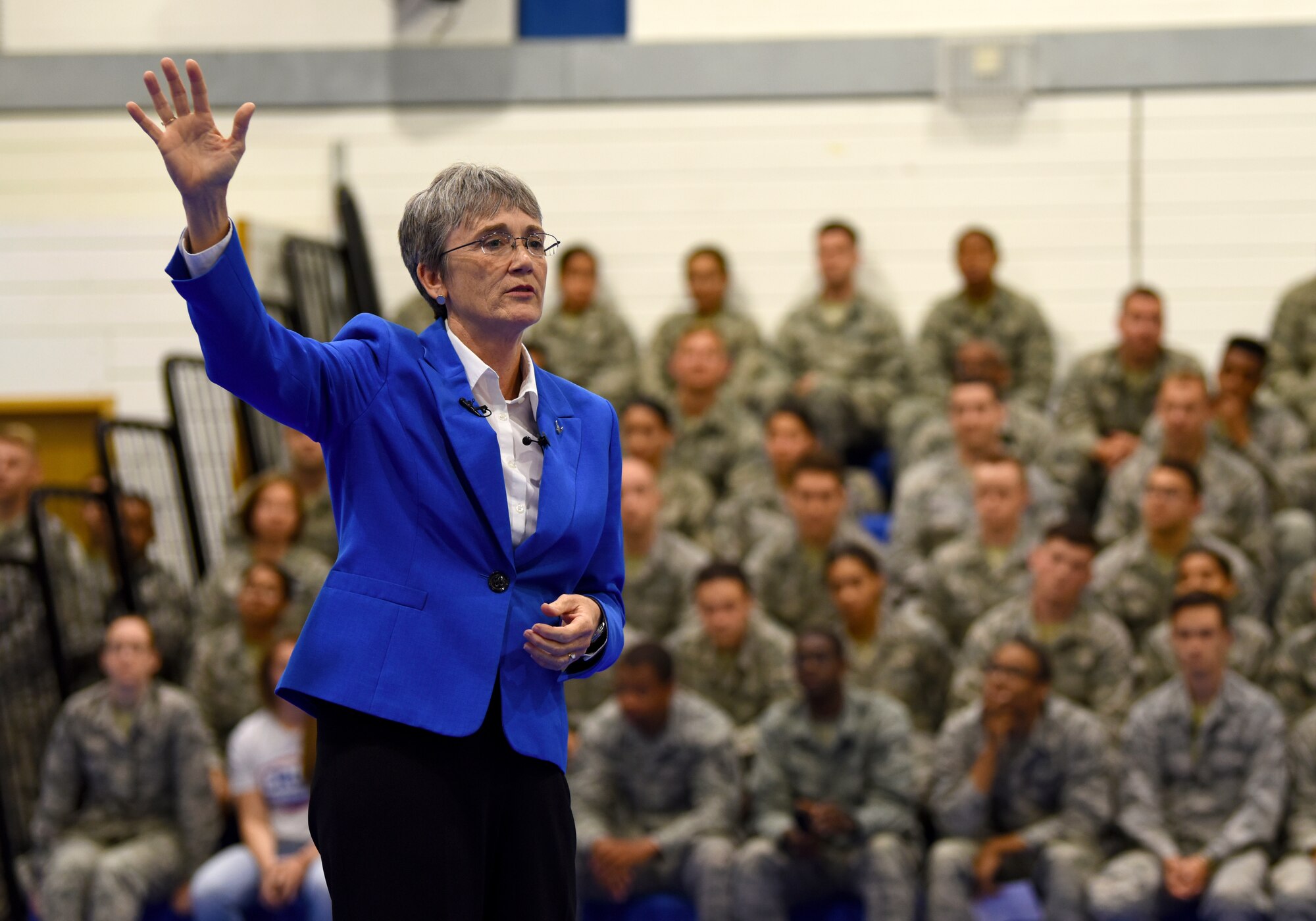 Secretary of the Air Force Heather Wilson speaks to Liberty Wing personnel during a town hall at Royal Air Force Lakenheath, England, July 11, 2018. Wilson explained how the Air Force is focusing on the fight of the future and the importance of the branch’s current five major priorities: restoring readiness, completing cost-effective modernization, driving innovation, developing exceptional leaders, and strengthening U.S. Alliances and partnerships. (U.S. Air Force photo by Staff Sgt. Alex Fox Echols III)