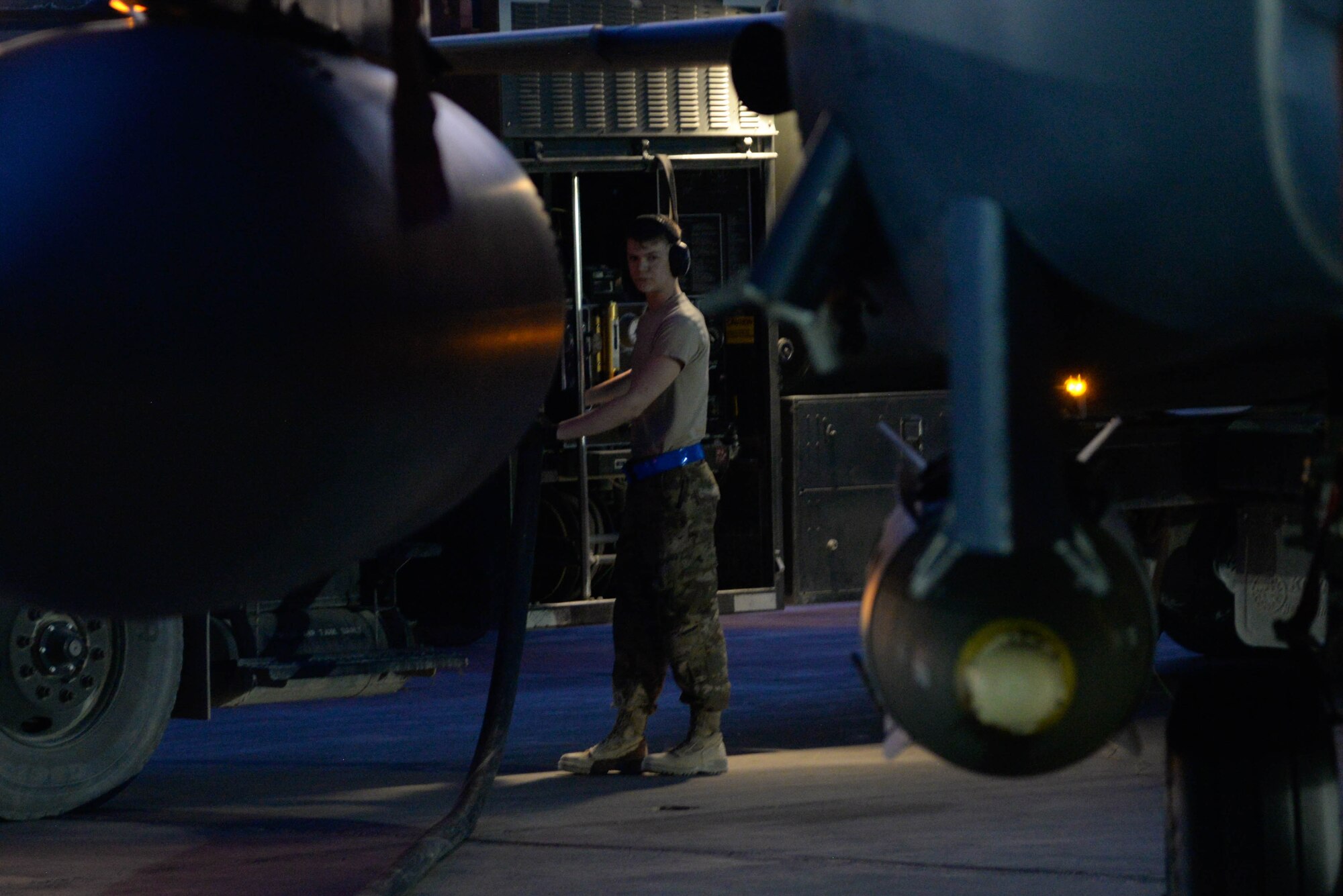 Airman 1st Class Jacob Clonts, 332nd Expeditionary Logistics Readiness Squadron Petroleum Oil Lubricant distributor, fuels an F-15E Strike Eagle at an undisclosed location in Southwest Asia, July 6, 2018.