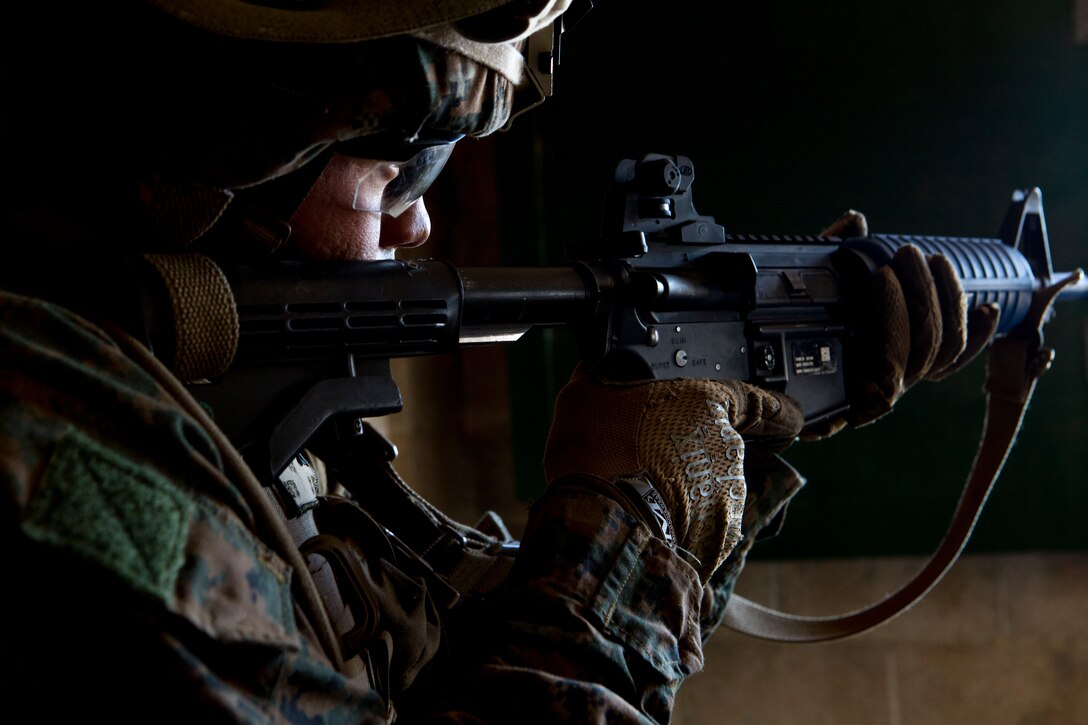 A U.S. Marine with Special Purpose Marine Air-Ground Task Force-Crisis Response-Africa holds a security position at a military operations on urbanized terrain training site at Naval Station Rota, Spain, June 6, 2018. SPMAGTF-CR-AF deployed to conduct crisis-response and theater-security operations in Europe and Africa.