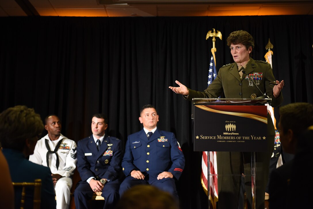 U.S. Marine Corps Lt. Gen. Lori Reynolds addresses the attendees at the 2018 Marine Times Service Member of the year award ceremony July 11, 2018. The awards honor handpicked service members for their exceptional efforts in the line of duty.