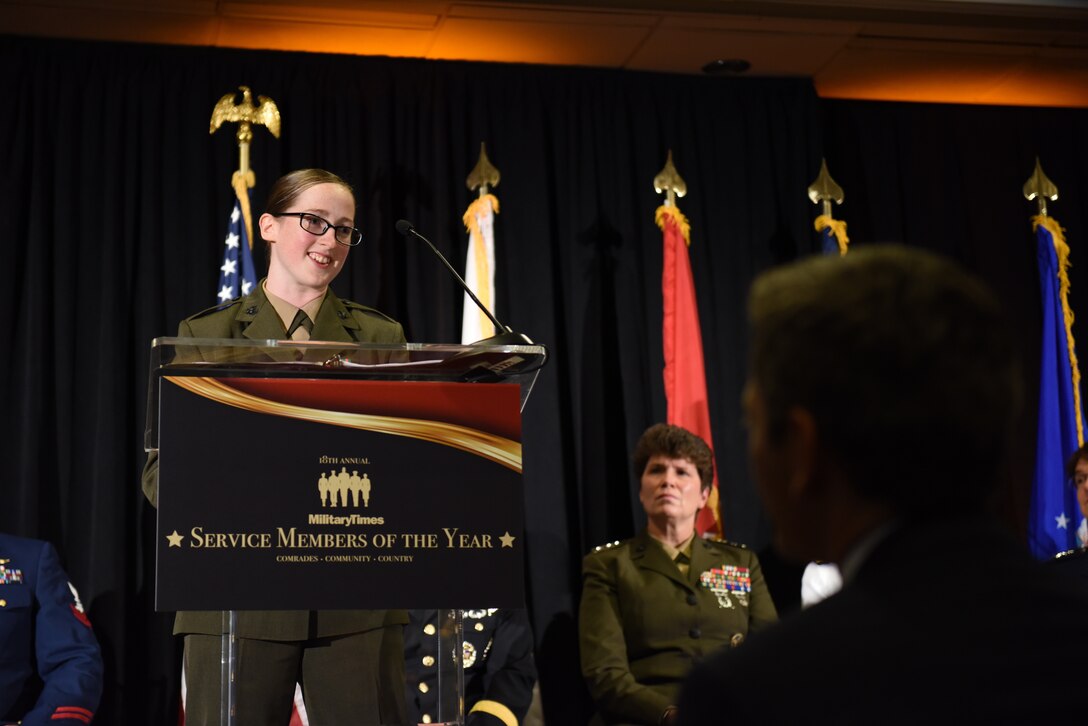 U.S. Marine Corps Sgt. Brooke Sharp addresses the attendees at the 2018 Marine Times Service Member of the year award ceremony July 11, 2018. Sgt. Sharp received this award in recognition of her efforts while deployed to Helmand Province, Afghanistan.