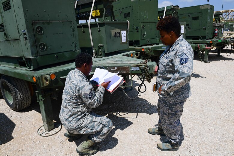 Two Logistics Airmen inspect a piece of equipment while checking a reference book at Incirlik Air Base, Turkey