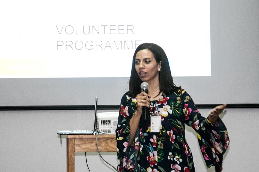 Kuwait Association for the Care of Children in Hospital (KACCH) Volunteer Coordinator Basma Ismailand spoke to 28th Infantry Division soldiers on June 25, 2018 during a volunteer orientation. She spoke passionately about children with critical illness and how adults have the power to place a smile on a kid’s face during a play day visit.