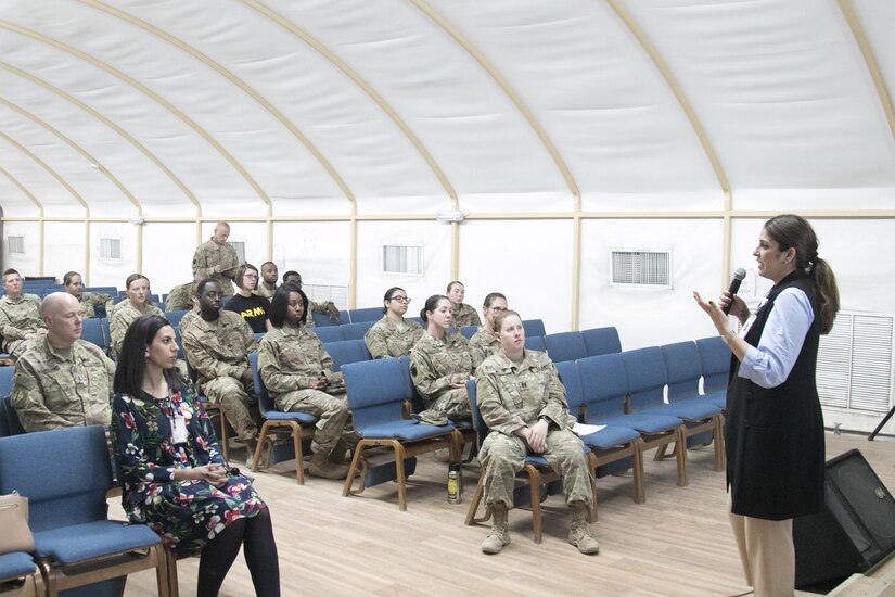 Kuwait Association for the Care of Children in Hospital (KACCH) Deputy Director Banafsheh Azizi briefs 28th Infantry Division soldiers June 25, 2018 during an orientation. The 28th Infantry Division soldiers learned the importance and value of volunteering their services to visit children coping with critical illness in two Kuwait hospitals.
