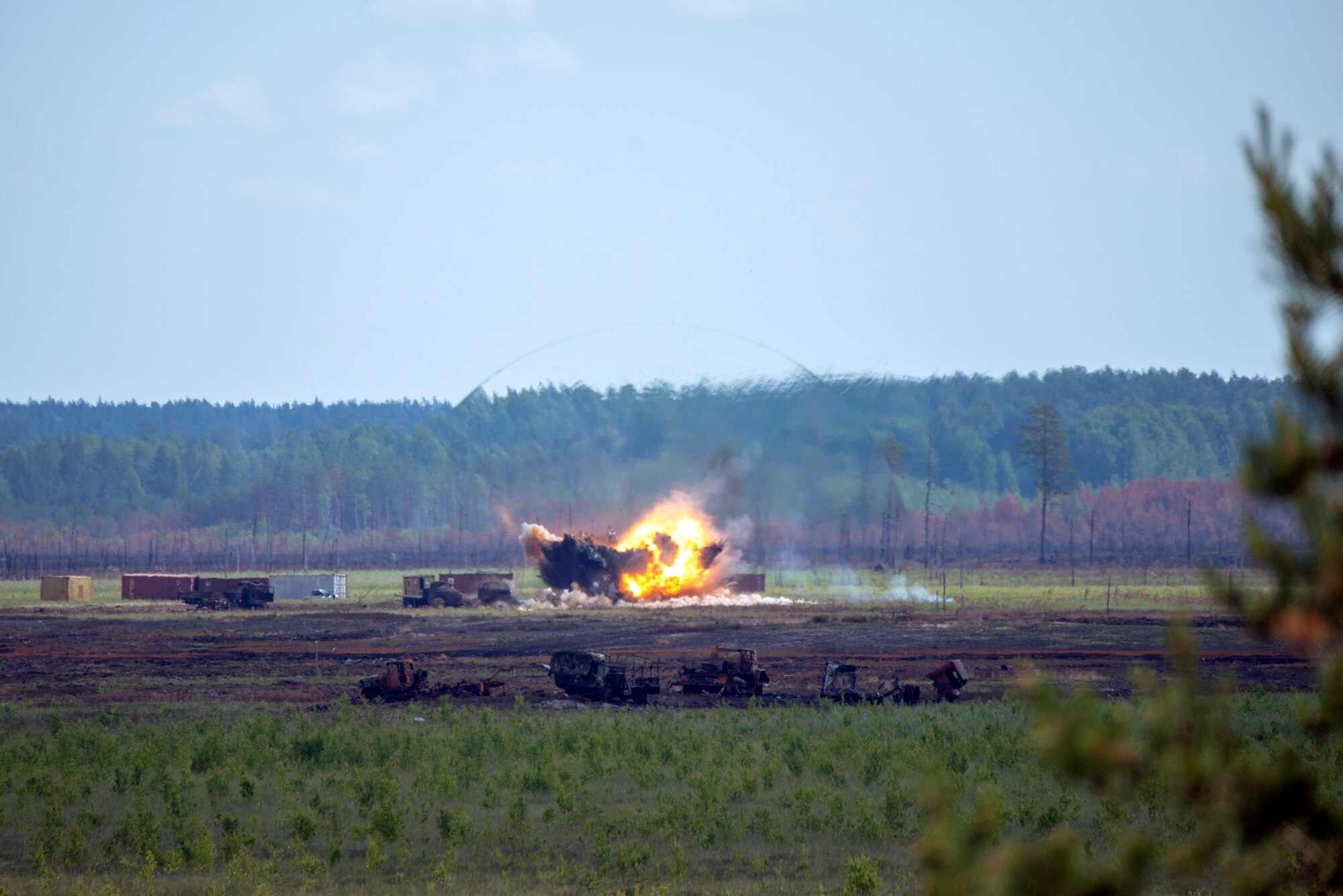 A MK-82 bomb explodes at a range on Adazi Military Base, Latvia, during the Saber Strike 18 exercise, after being dropped from an F-16 Fighting Falcon Aircraft from the 120th Fighter Squadron, Colorado Air National Guard, June 15, 2018.