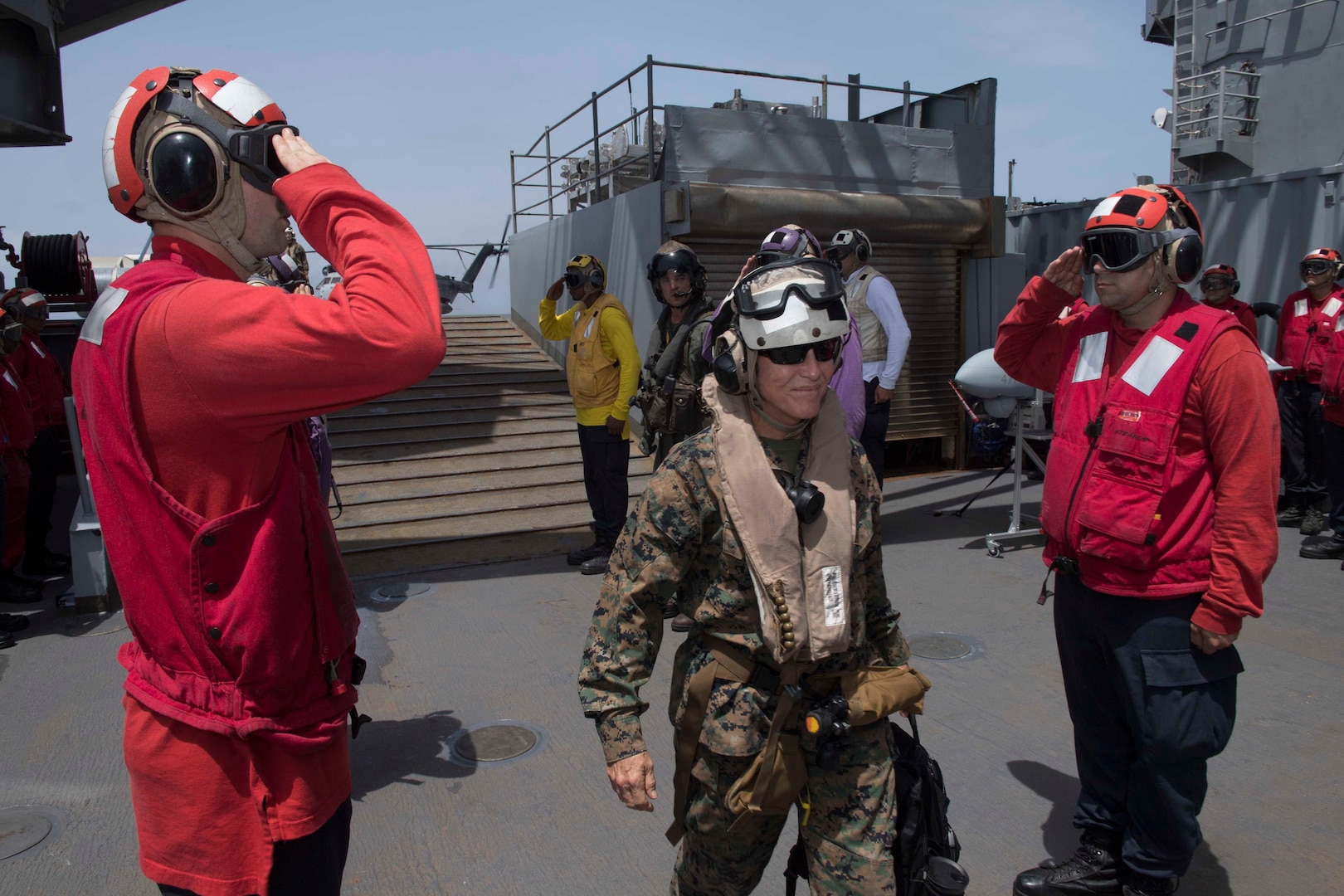 U.S. Marine Maj. Gen. Helen G. Pratt boards USS Gunston Hall.