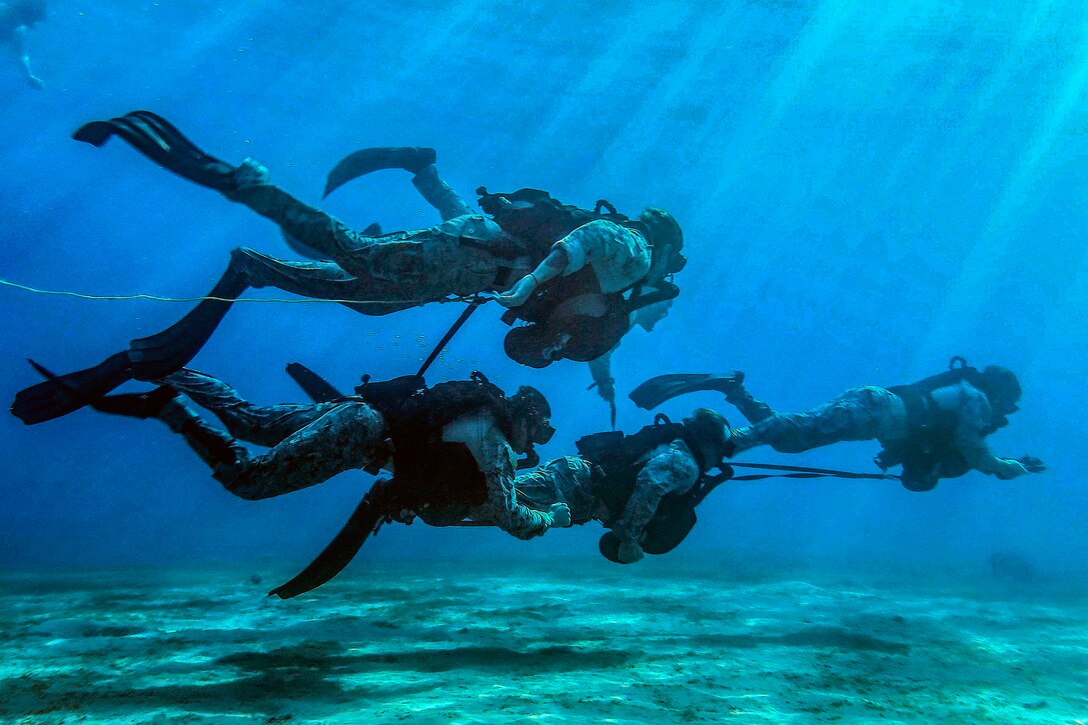 Marines swim underwater in dive gear.