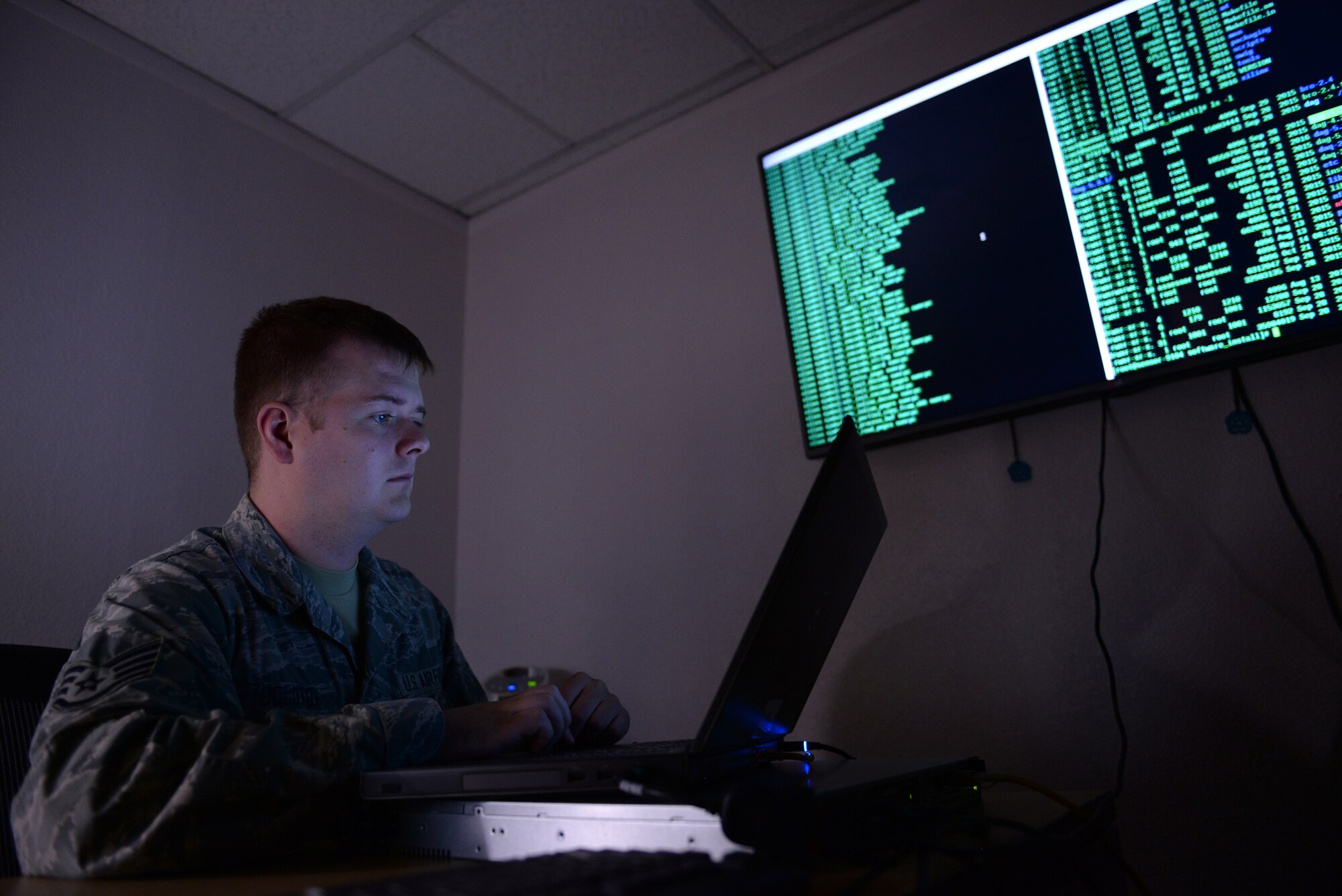 Staff Sgt. Yaroslav Bolotov, 56th Communications Squadron Mission Defense Team operator, monitors base network activity July 10, 2018, at Luke Air Force Base, Ariz. The MDT is a team of communications and cyber warfare specialists who provide active cyber security for base assets. (U.S. Air Force photo by Senior Airman Ridge Shan)