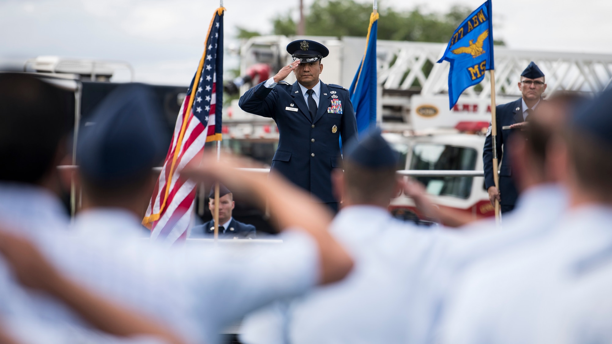 U.S. Air Force Col. Juan Alvarez, 377th Mission Support Group commander, recieves his first salute at a change of command ceremony on Kirtland Air Force Base, N.M., July 12. Alvarez previously served as a squadron and deputy group commander. (U.S. Air Force photo by Staff Sgt. J.D. Strong II)