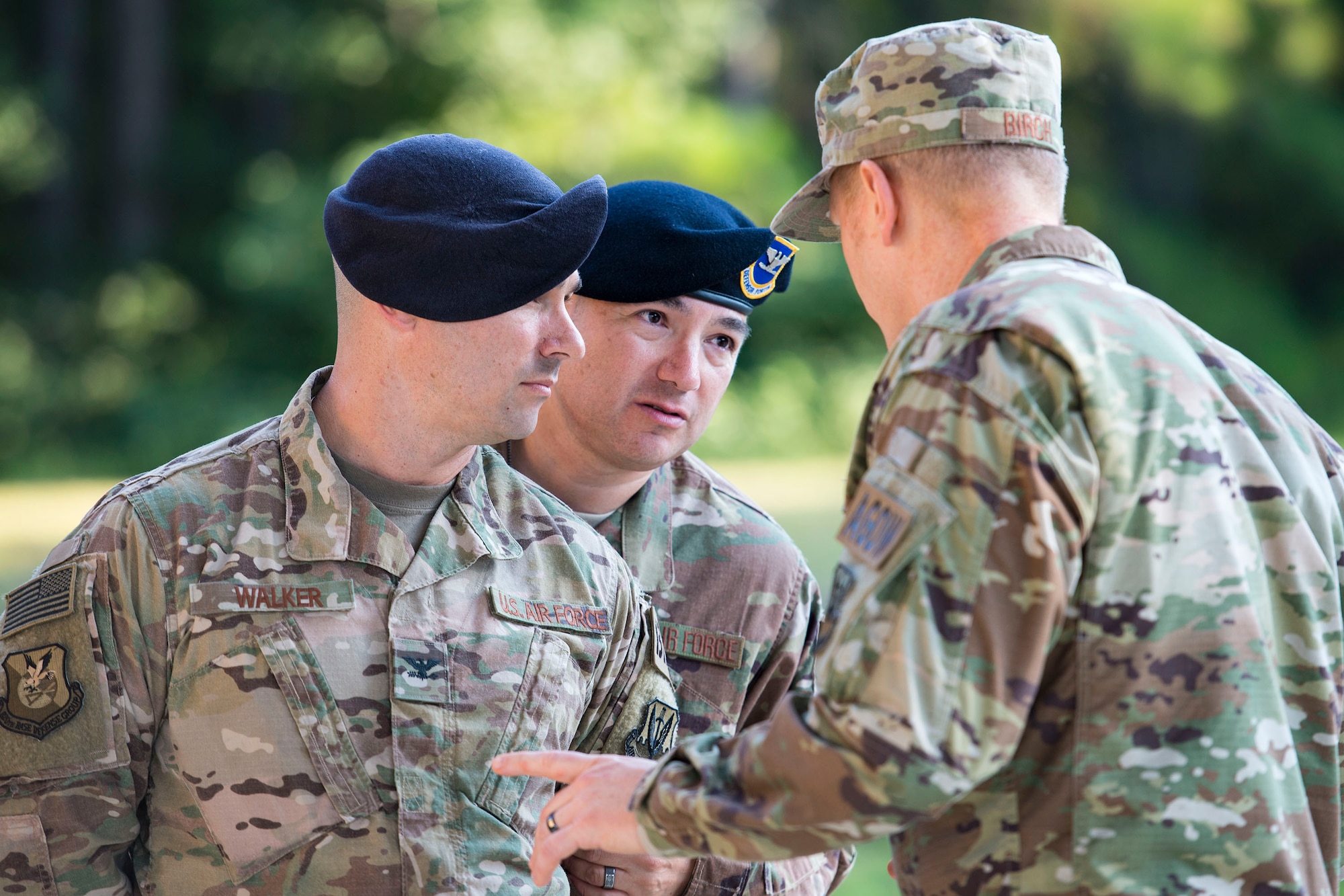 Leadership from the 93d Air Ground Operations Wing (AGOW) gather during the 820th Base Defense Group (BDG) change of command ceremony, July 12, 2018, at Moody Air Force Base, Ga. The ceremony represents the formal passing of responsibility, authority and accountability of command from one officer to another. Col. Benito Barron, 820th BDG commander, who recently relinquished his duties as the Chief of the Homeland Defense and Protection Division for Headquarters United States Northern Command, will now command the 820th BDG. The 820th BDG, which falls under the 93d AGOW, is the Air Force’s only unit specifically designed to provide fully integrated defense operations. (U.S. Air Force photo by Airman 1st Class Erick Requadt)