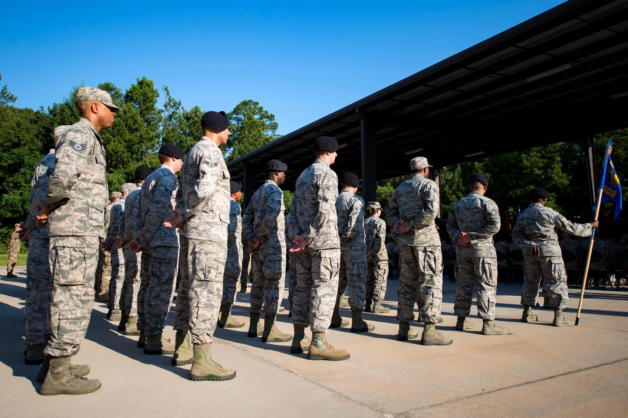 Airmen from the 820th Base Defense Group (BDG) stand at parade rest during a change of command ceremony, July 12, 2018, at Moody Air Force Base, Ga. The ceremony represents the formal passing of responsibility, authority and accountability of command from one officer to another. Col. Benito Barron, 820th BDG commander, who recently relinquished his duties as the Chief of the Homeland Defense and Protection Division for Headquarters United States Northern Command, will now command the 820th BDG. The 820th BDG is the Air Force’s only unit specifically designed to provide fully integrated defense operations. (U.S. Air Force photo by Airman 1st Class Erick Requadt)