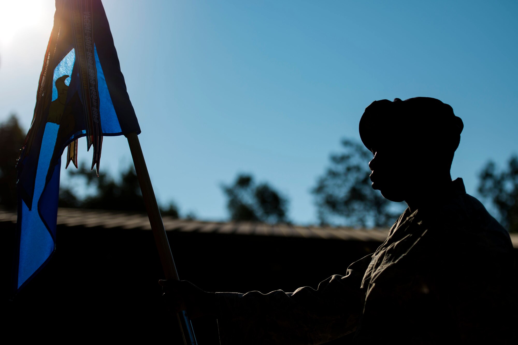 Staff Sgt. Zachariah Parker, 105th Base Defense Squadron fire team leader, Stewart Air National Guard Base, N.Y., stands at parade rest during the 820th Base Defense Group (BDG) change of command ceremony, July 12, 2018, at Moody Air Force Base, Ga. The ceremony represents the formal passing of responsibility, authority and accountability of command from one officer to another. Col. Benito Barron, 820th BDG commander, who recently relinquished his duties as the Chief of the Homeland Defense and Protection Division for Headquarters United States Northern Command, will now command the 820th BDG. The 820th BDG, which trains hand-in-hand with the 105th BDS, is the Air Force’s only unit specifically designed to provide fully integrated defense operations. (U.S. Air Force photo by Airman 1st Class Erick Requadt)