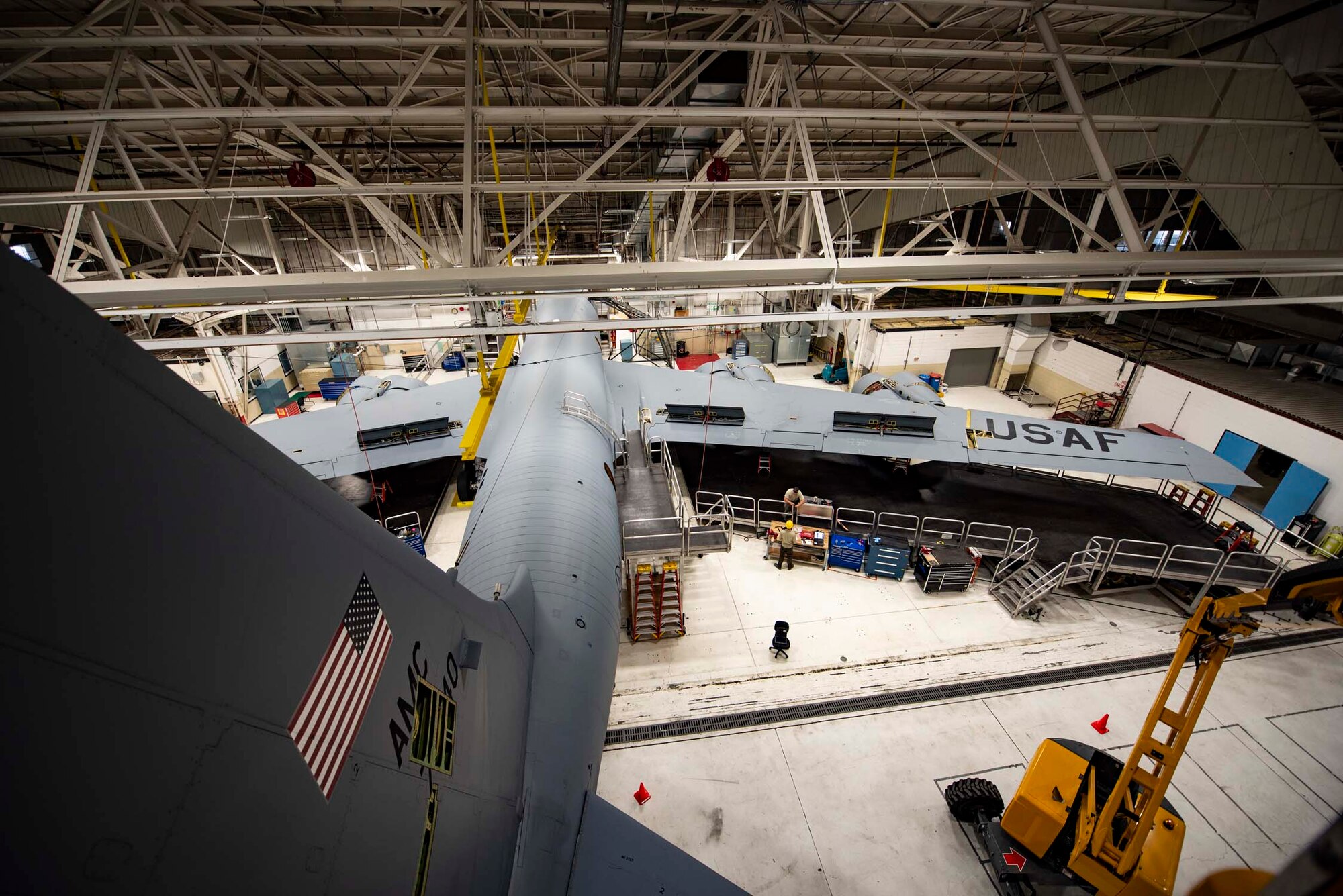 A KC-135 sits in the sustainment dock hangar while maintainers from the 141st and 92nd Maintenance Squadrons work during an isochronal inspection June 5, 2018 at Fairchild Air Force Base, Wash. Airmen from 11 different specialties complete the process of dismantling, inspecting, repairing and sometimes modifying the aircraft during the isochronal inspection. (U.S. Air National Guard photo by Tech. Sgt. Kayleigh Phillips)