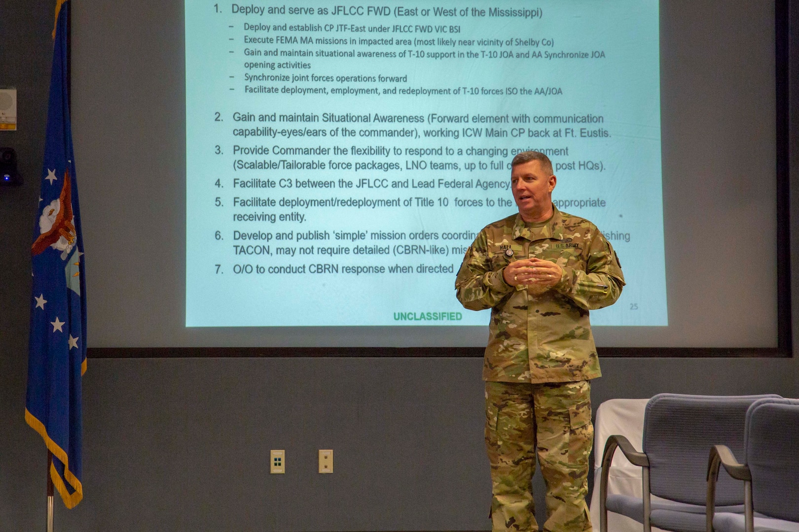 Maj. Gen. Bill Hall, commander, Joint Task Force Civil Support (JTF-CS) speaks to members of the command during a brief on exercise Ardent Sentry, which will take place June 3-7, 2019. The exercise will focus on a complex catastrophic earthquake along the New Madrid Seismic Zone (NMSZ) as part of Defense Support of Civil Authorities. When directed, JTF-CS is ready to respond in 24 hours to provide command and control of 5,200 federal military forces located at more than 36 locations throughout the nation acting in support of civil authority response operations to save lives, prevent further injury, and provide critical support to enable community recover. (Official DoD photo by Mass Communication Specialist 3rd Class Michael Redd/released)