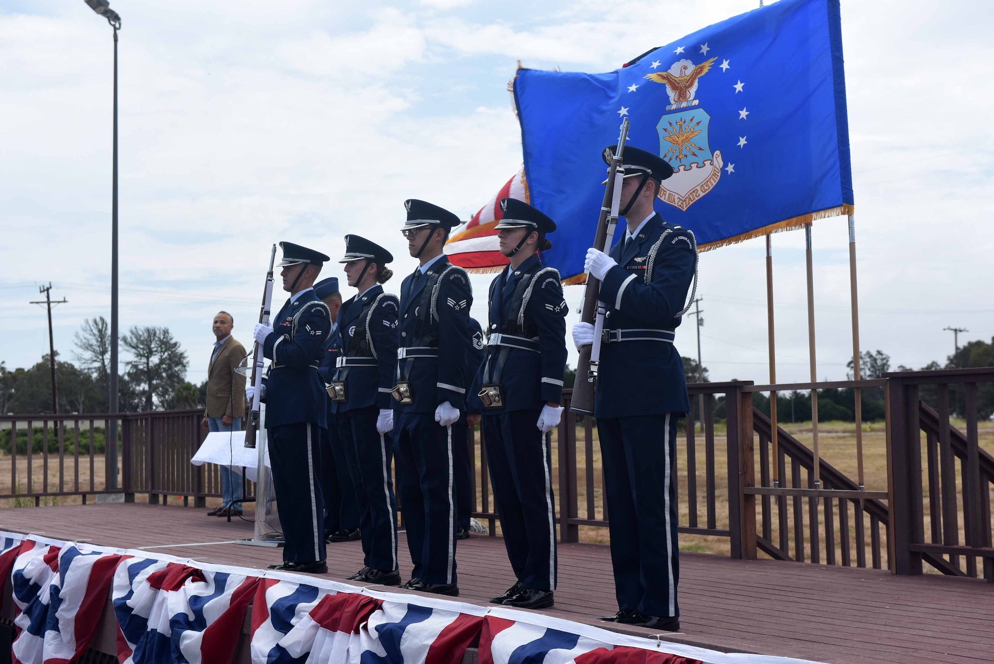 Vandenberg honor guardsmen present the colors during the 30th Mission Support Group change of command ceremony on July 12, 2018, at Vandenberg Air Force Base, Calif. The 30th MSG provides security, law enforcement, disaster response, civil engineer, base services, mission support, morale services, contracting, and logistical support. (U.S. Air Force photo by Tech. Sgt. Jim Araos/Released)