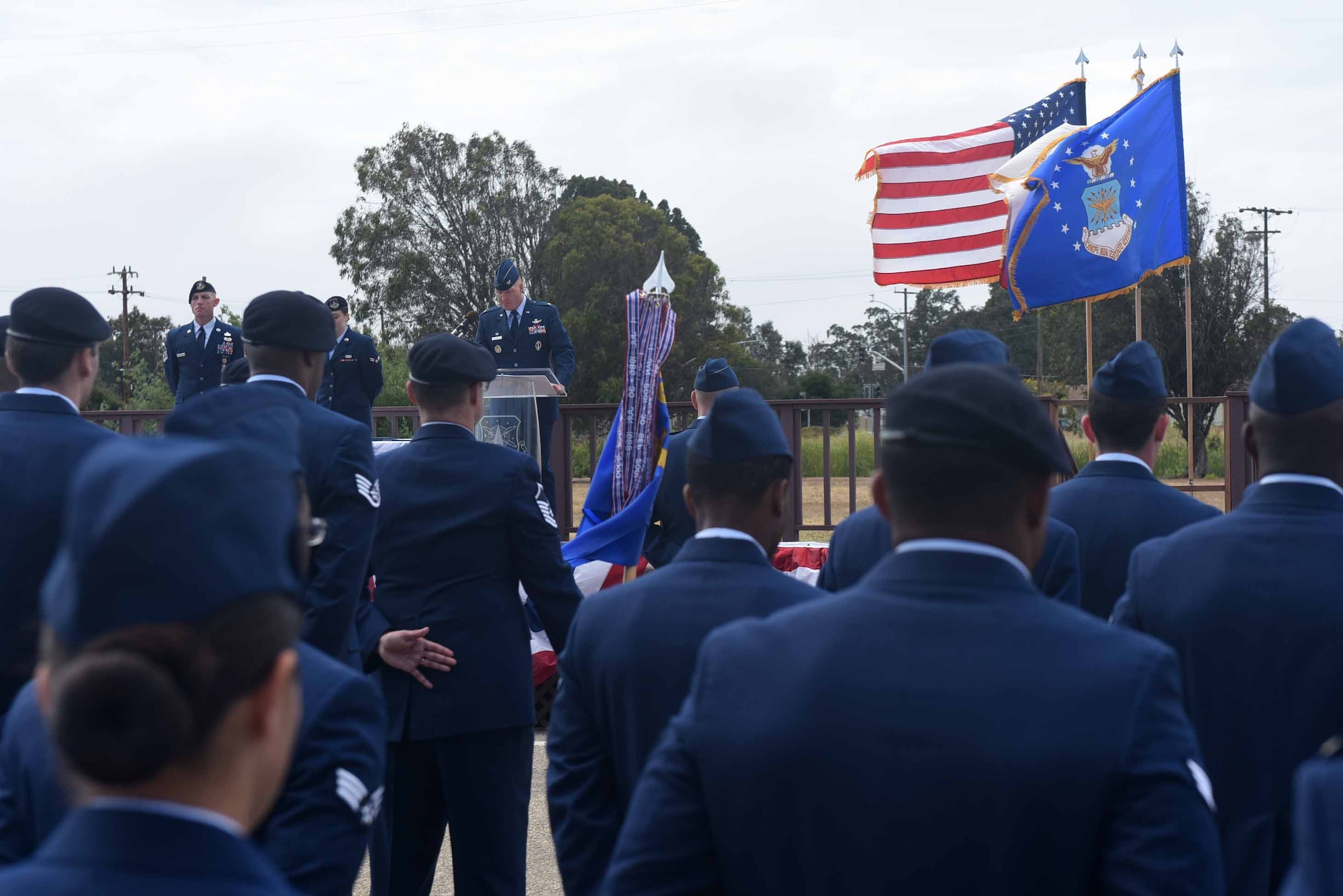 Col. Michael Hough, 30th Space Wing commander, gives a speech during the 30th Mission Support Group change of command ceremony on July 12, 2018, at Vandenberg Air Force Base, Calif. The 30th MSG provides security, law enforcement, disaster response, civil engineer, base services, mission support, morale services, contracting, and logistical support. (U.S. Air Force photo by Tech. Sgt. Jim Araos/Released)