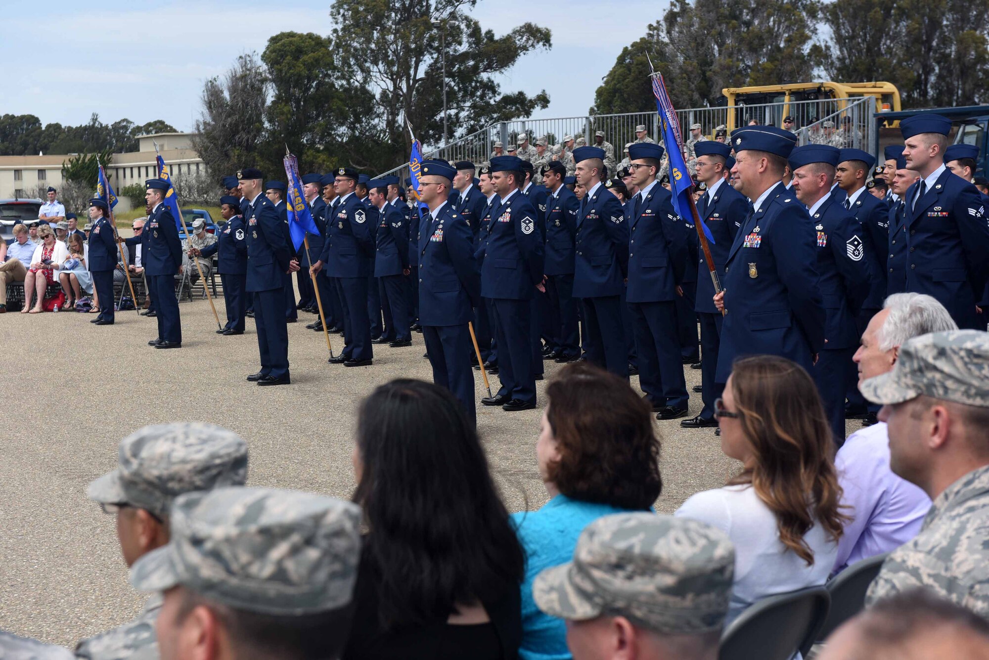 The 30th Mission Support Group stands at parade rest during their change of command ceremony on July 12, 2018, at Vandenberg Air Force Base, Calif. The 30th MSG provides security, law enforcement, disaster response, civil engineer, base services, mission support, morale services, contracting, and logistical support. (U.S. Air Force photo by Tech. Sgt. Jim Araos/Released)