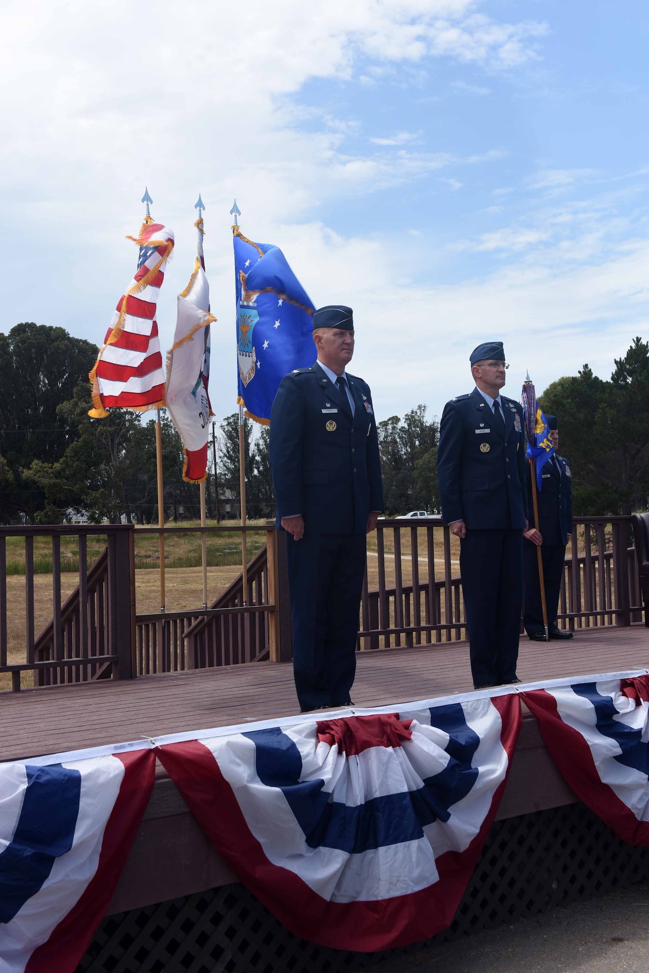 Col. Michael Hough, 30th Space Wing commander, and Col. Paul Nosek, 30th Mission Support Group outgoing commander, stand at attention during the 30th MSG change of command ceremony on July 12, 2018, at Vandenberg Air Force Base, Calif. The 30th MSG provides security, law enforcement, disaster response, civil engineer, base services, mission support, morale services, contracting, and logistical support. (U.S. Air Force photo by Tech. Sgt. Jim Araos/Released)