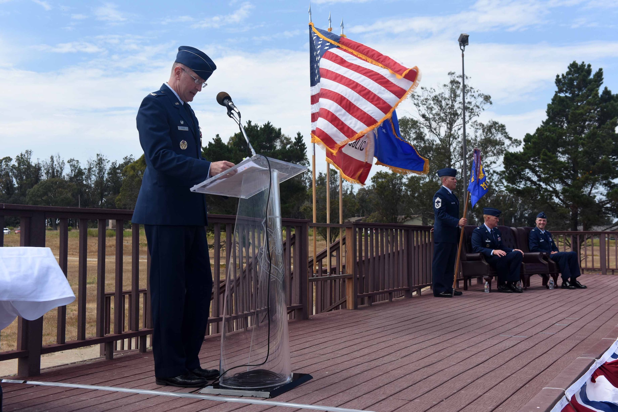 Col. Paul Nosek, 30th Mission Support Group outgoing commander, gives a speech during the 30th MSG change of command ceremony on July 12, 2018, at Vandenberg Air Force Base, Calif. The 30th MSG provides security, law enforcement, disaster response, civil engineer, base services, mission support, morale services, contracting, and logistical support. (U.S. Air Force photo by Tech. Sgt. Jim Araos/Released)