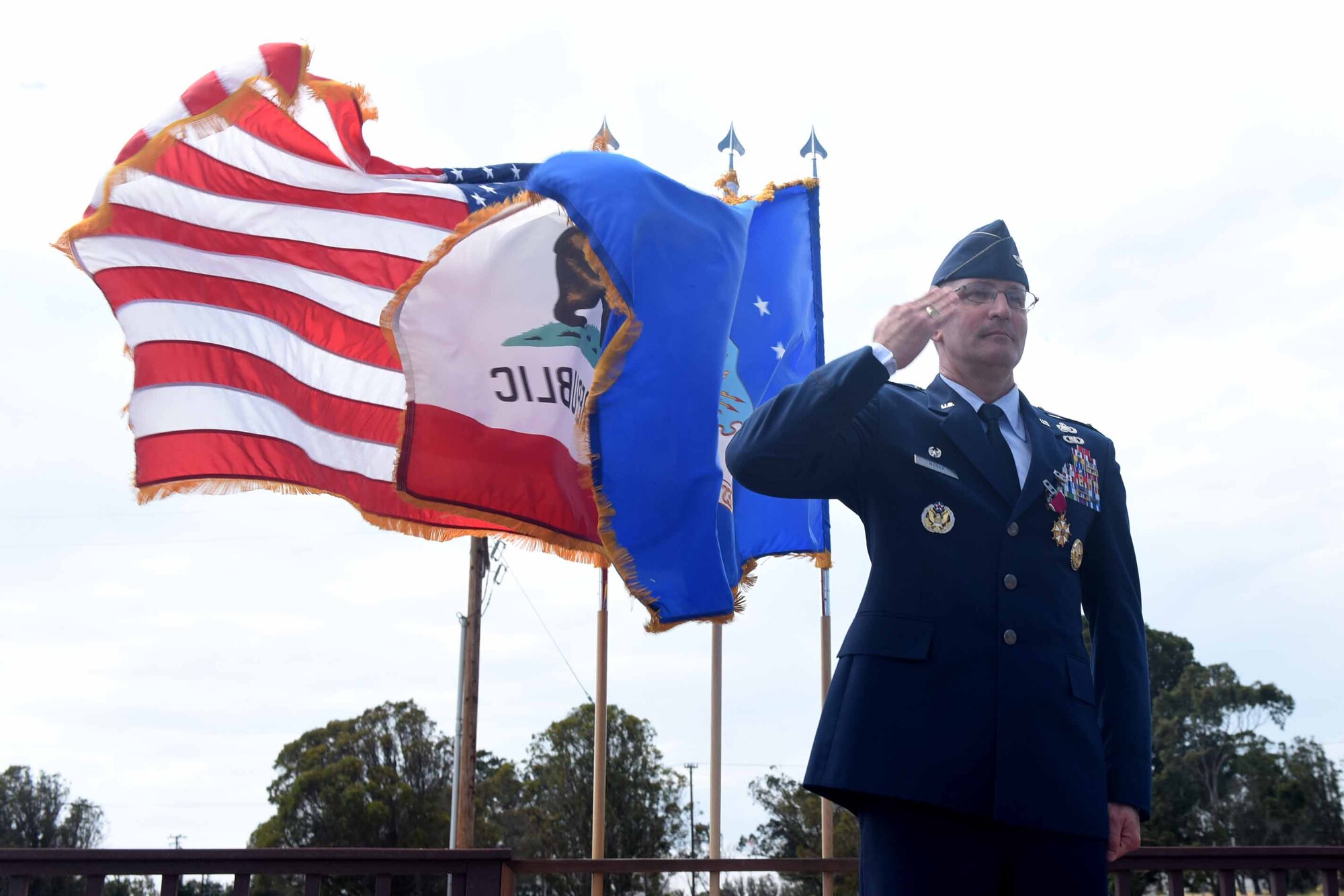 Col. Paul Nosek, 30th Mission Support Group outgoing commander, renders his final salute to the 30th MSG during the 30th MSG change of command ceremony on July 12, 2018, at Vandenberg Air Force Base, Calif. The 30th MSG provides security, law enforcement, disaster response, civil engineer, base services, mission support, morale services, contracting, and logistical support. (U.S. Air Force photo by Tech. Sgt. Jim Araos/Released)
