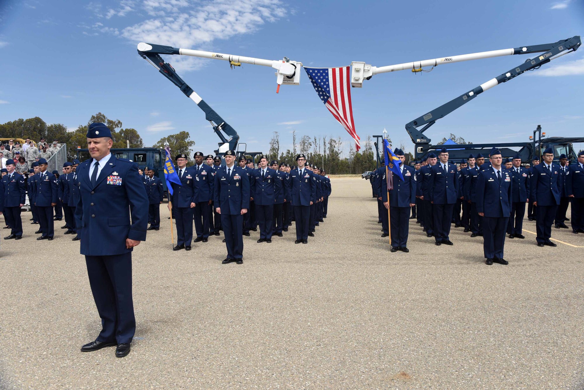 30th Mission Support Group stands at attention during the 30th MSG change of command ceremony on July 12, 2018, at Vandenberg Air Force Base, Calif. The 30th MSG provides security, law enforcement, disaster response, civil engineer, base services, mission support, morale services, contracting, and logistical support. (U.S. Air Force photo by Tech. Sgt. Jim Araos/Released)
