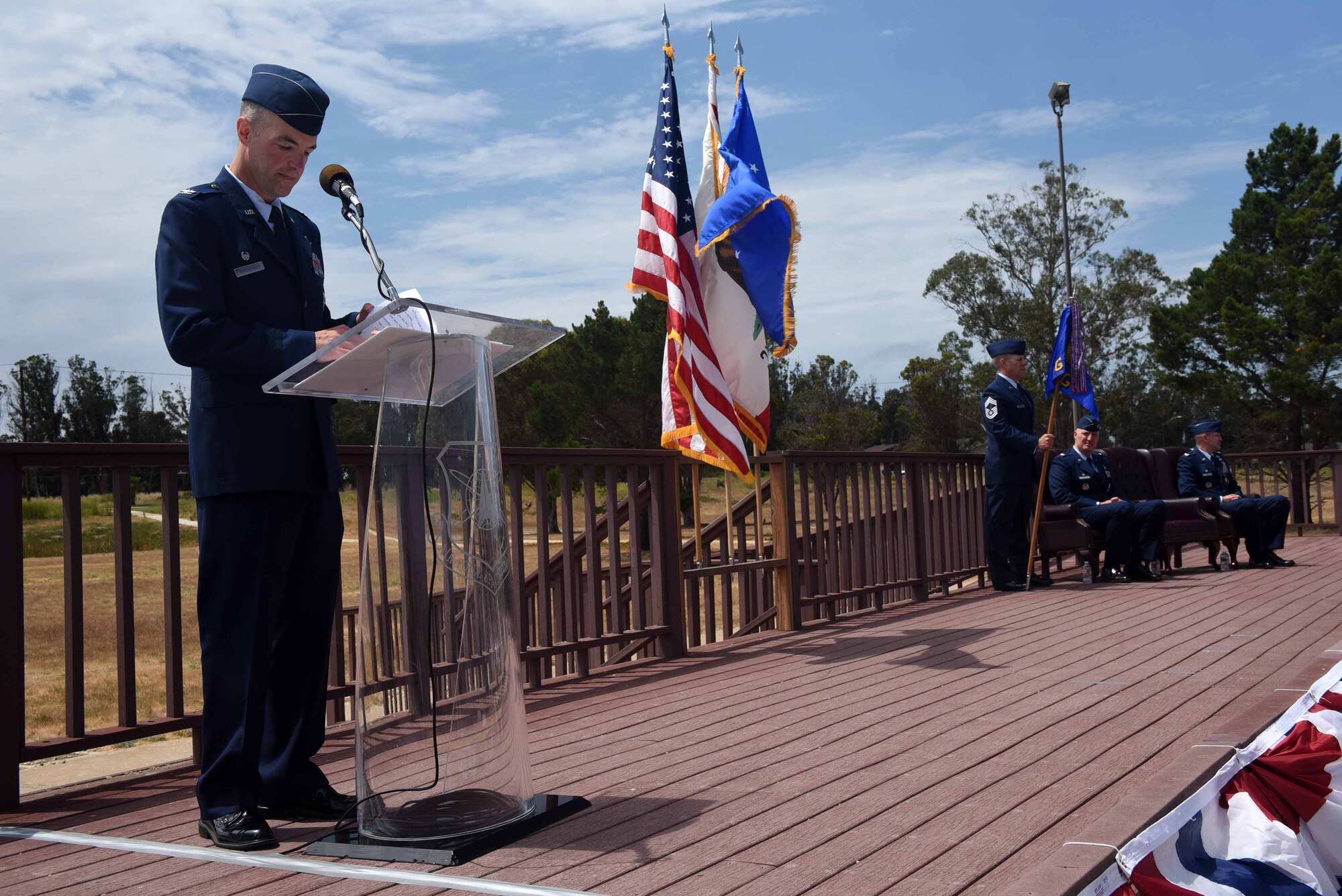 Col. Michael Hunsberger, 30th Mission Support Group inbound commander, gives a speech during the 30th MSG change of command ceremony on July 12, 2018, at Vandenberg Air Force Base, Calif. The 30th MSG provides security, law enforcement, disaster response, civil engineer, base services, mission support, morale services, contracting, and logistical support. (U.S. Air Force photo by Tech. Sgt. Jim Araos/Released)