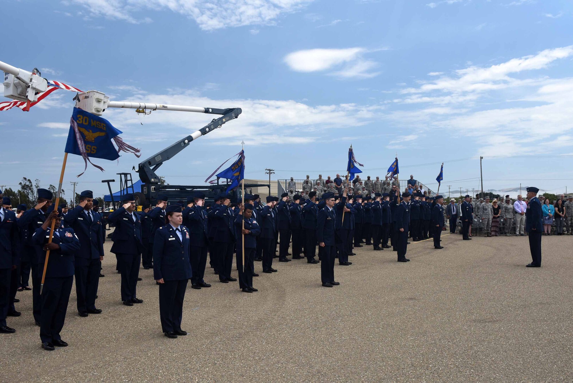 The 30th Mission Support Group renders a salute during their change of command ceremony on July 12, 2018, at Vandenberg Air Force Base, Calif. The 30th MSG provides security, law enforcement, disaster response, civil engineer, base services, mission support, morale services, contracting, and logistical support. (U.S. Air Force photo by Tech. Sgt. Jim Araos/Released)