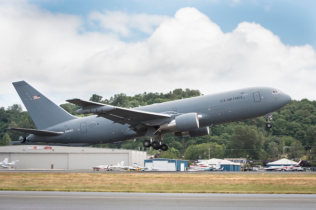 A KC-46A Pegasus tanker takes off from Boeing Field, Seattle, June 4, 2018. The KC-46 program achieved an important milestone July 6, with completion of the final flight tests required for first aircraft delivery to the U.S. Air Force. (Courtesy photo)