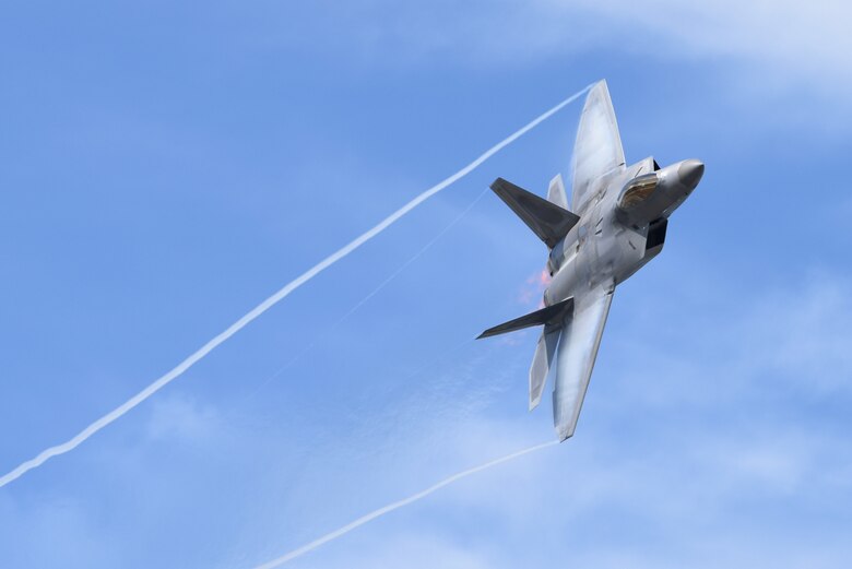 An F-22 Raptor performs aerial maneuvers during the Arctic Thunder Open House at Joint Base Elmendorf-Richardson, Alaska, June 30, 2018. (U.S. Air Force Photo by Jamal Wilson)