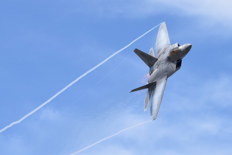 An F-22 Raptor performs aerial maneuvers during the Arctic Thunder Open House at Joint Base Elmendorf-Richardson, Alaska, June 30, 2018. (U.S. Air Force Photo by Jamal Wilson)