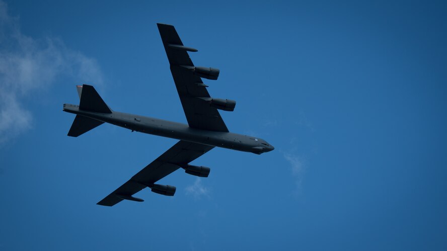 A B-52 Stratofortress from the 2nd Bomb Wing at Barksdale Air Force Base, La., performs a flyover during the Fourth of July celebration at Shreveport, La., July 4, 2018. (U.S. Air Force photo by Senior Airman Stuart Bright)