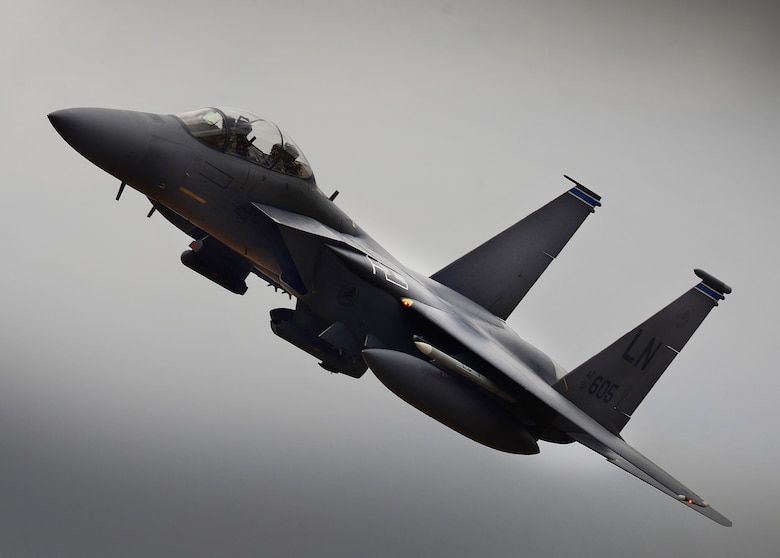 Col. Evan Pettus, 48th Fighter Wing commander, makes a high-speed pass over Royal Air Force Lakenheath, England, July 9, 2018. The flight served as Pettus’ last as the commander of the Liberty Wing. (U.S. Air Force photo by Tech. Sgt. Matthew Plew)