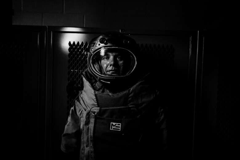 Senior Airman Zachary N. Dechant, 140th Civil Engineer Squadron explosive ordnance disposal technician, wears a bomb suit during his first day on the job at Buckley Air Force Base, Colorado, July 10, 2018. Dechant recently transitioned into the Air Force from the Army, where he served seven years. (U.S. Air Force photo by Airman 1st Class Michael D. Mathews)