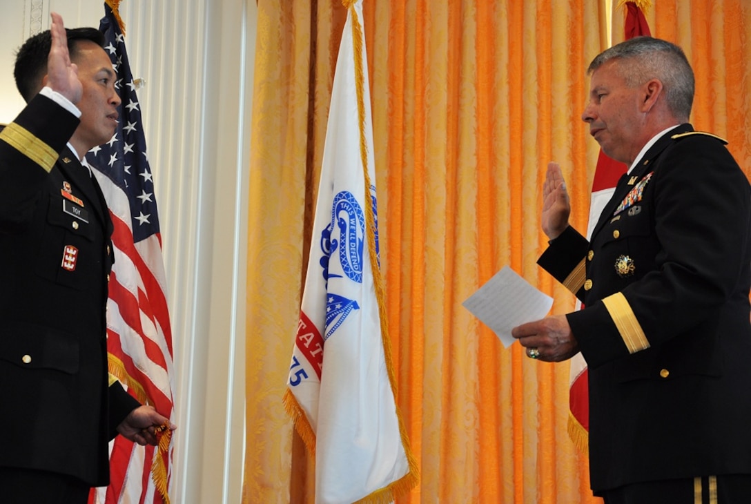 Mississippi River Commission member, Brig. Gen. Mark R. Toy, was promoted to the rank of major general by Lt. Gen. Todd T. Semonite, U.S.Army Corps of Engineers commanding general and 54th chief of engineers, July 11, 2018, in a ceremony held at the Richard Nixon Presidential Library in Yorba Linda, California.(Submitted photo)