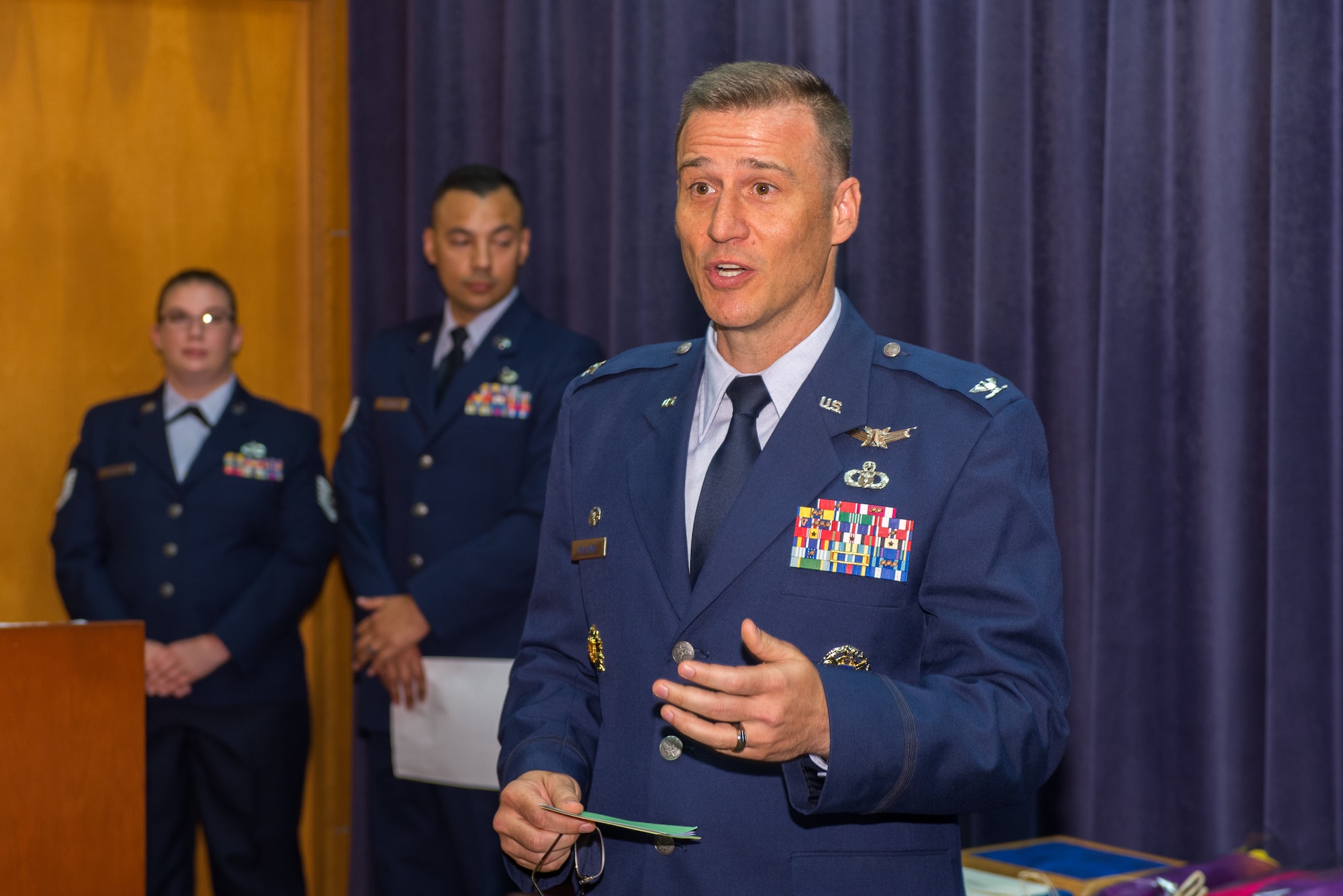 U.S. Air Force Col. Patrick Williams, 2nd Weather Group (WXG) commander, 557th Weather Wing, speaks during a change of command ceremony July 11, 2018, at Offutt Air Force Base, Nebraska. Prior to taking command of the 2nd WXG, Williams was the Joint Staff Space Branch chief as well as the Joint Staff Meteorological and Oceanographic Operations officer. (U.S. Air Force photo by Paul Shirk)