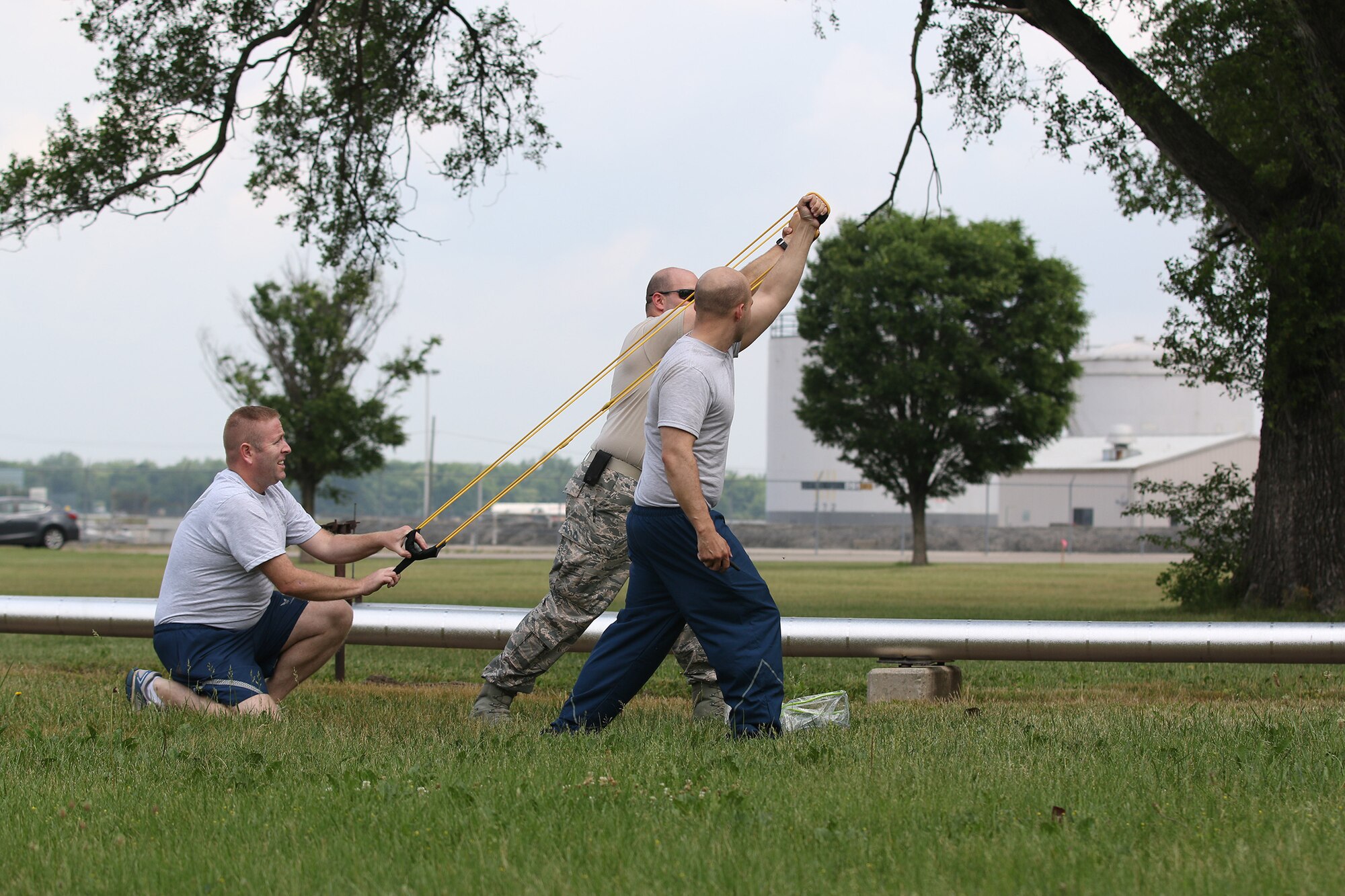 Members of the 445th Aerospace Medicine Squadron take part in a team building exercise here June 6, 2018.  Members trained on weapons handling, patient transport, battlefield triage, and stretcher maneuvers.