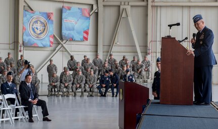 Lt. Gen. Gi Tuck, 18th Air Force commander, speaks during the 437th Airlift Wing change of command ceremony July 12, 2018, in Nose Dock 2.