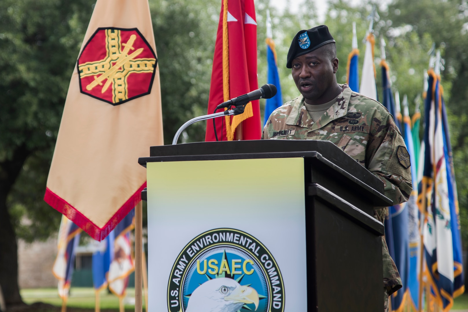 Col. Isaac Manigault speaks to the members of the U.S. Army Environmental Command after a change of command ceremony at the U.S. Army North Quadrangle at Joint Base San Antonio-Fort Sam Houston July 11. Manigault took command of the USAEC from Col. Timothy Greenhaw, who led the command for two years.