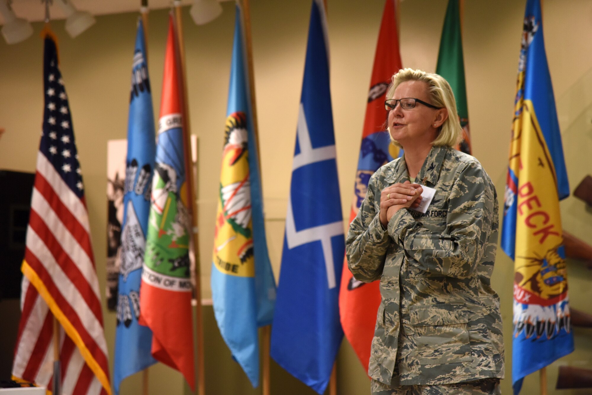 180712-F-UQ541-1151 Col. Jennifer Reeves, 341st Missile Wing commander, welcomes Native American tribal representatives from the state of Montana at the C.M. Russell Museum for the third annual tribal relations meeting July 12, 2018, in Great Falls, Mont. Participants included tribal, cultural and government leaders as well as Malmstrom, U.S. Forest Service and Montana National Guard representatives. (U.S. Air Force photo by Kiersten McCutchan)