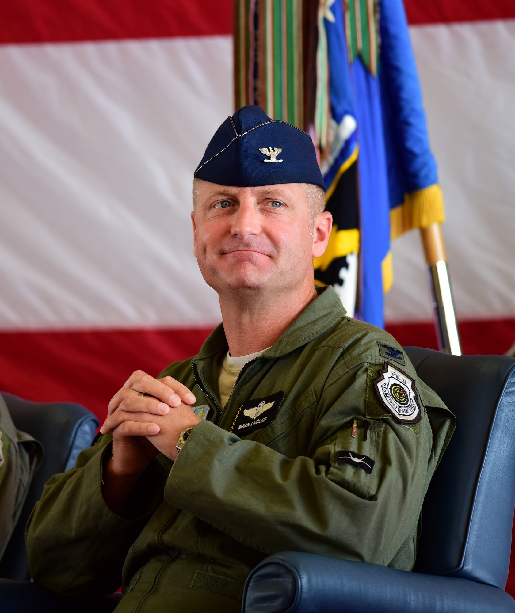 Col. Brian Laidlaw waits to give remarks during the wing change of command ceremony.