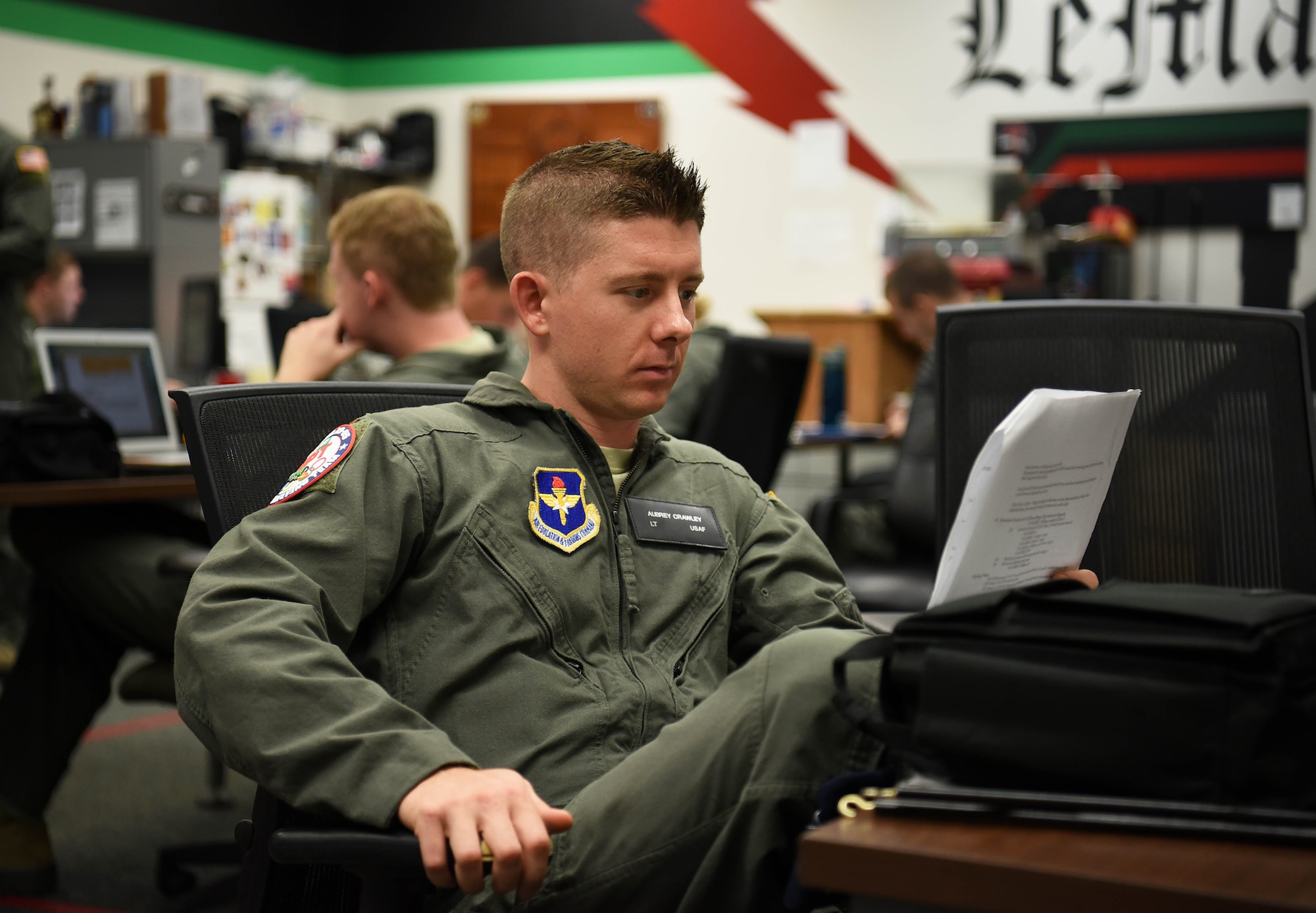 Second Lt. Aubrey Crawley, 41st Flying Training Squadron student pilot, studies emergency procedures July, 2018, on Columbus Air Force Base, Mississippi. The Specialized Undergraduate Pilot Training program is a 53-week program teaching students with little knowledge in aviation to be some of the greatest military aviators in the world. (U.S. Air Force photo by Airman 1st Class Keith Holcomb)