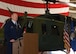 Lieutenant Colonel Adam Rudolphi, 37th Helicopter Squadron commander, speaks to the crowd attending the 37th HS Change of Command July 13, 2018, in Building 1250 on F.E. Warren Air Force Base, Wyo. The ceremony signified the transition of command from Lt. Col. James Cline to Rudolphi. (U.S. Air Force photo by Glenn S. Robertson)