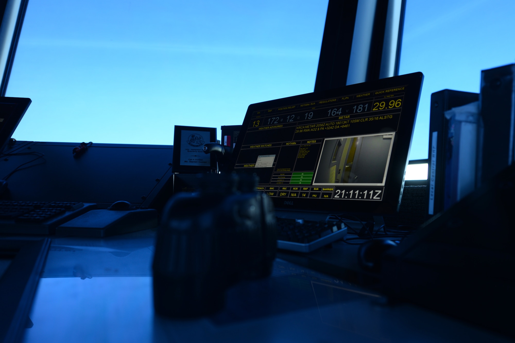 Air traffic control gear sits inside the air traffic control tower at Ellsworth Air Force Base, S.D., July 10, 2018. Air traffic controllers are qualified to work on both the tower, which coordinates movement on the flight line, and the radar approach control team, which coordinates aircraft movement in the sky. (U.S. Air Force photo by Airman 1st Class Nicolas Z. Erwin)