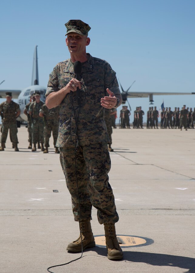 Maj. Gen. Kevin M. Iiams, incoming commanding general of 3rd Marine Aircraft Wing, addresses guests after assuming command from Maj. Gen. Mark R. Wise during the 3rd MAW change of command ceremony at Marine Corps Air Station Miramar, Calif., July 13. Iiams previously served as the commanding general of Marine Corps Training and Education Command. Iiams addressed his new Marines saying, "We’re going to focus on the things that have always made this MAW great. Let’s fix, fly, fight, blend a little bit of fun into that, and then stick to the things that have always made this MAW great, operational excellence in all that we do." (U.S. Marine Corps photo by Cpl. Joshua S. McAlpine/Released)