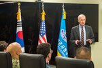 SEOUL, Republic of Korea (July 13, 2018) Secretary of the Navy Richard V. Spencer speaks with Sailors and Marines during an All Hands Call in Seoul. Spencer’s visit highlights the ironclad partnership between the U.S. and ROK Navies and is part of a broader visit to the Indo-Pacific region.