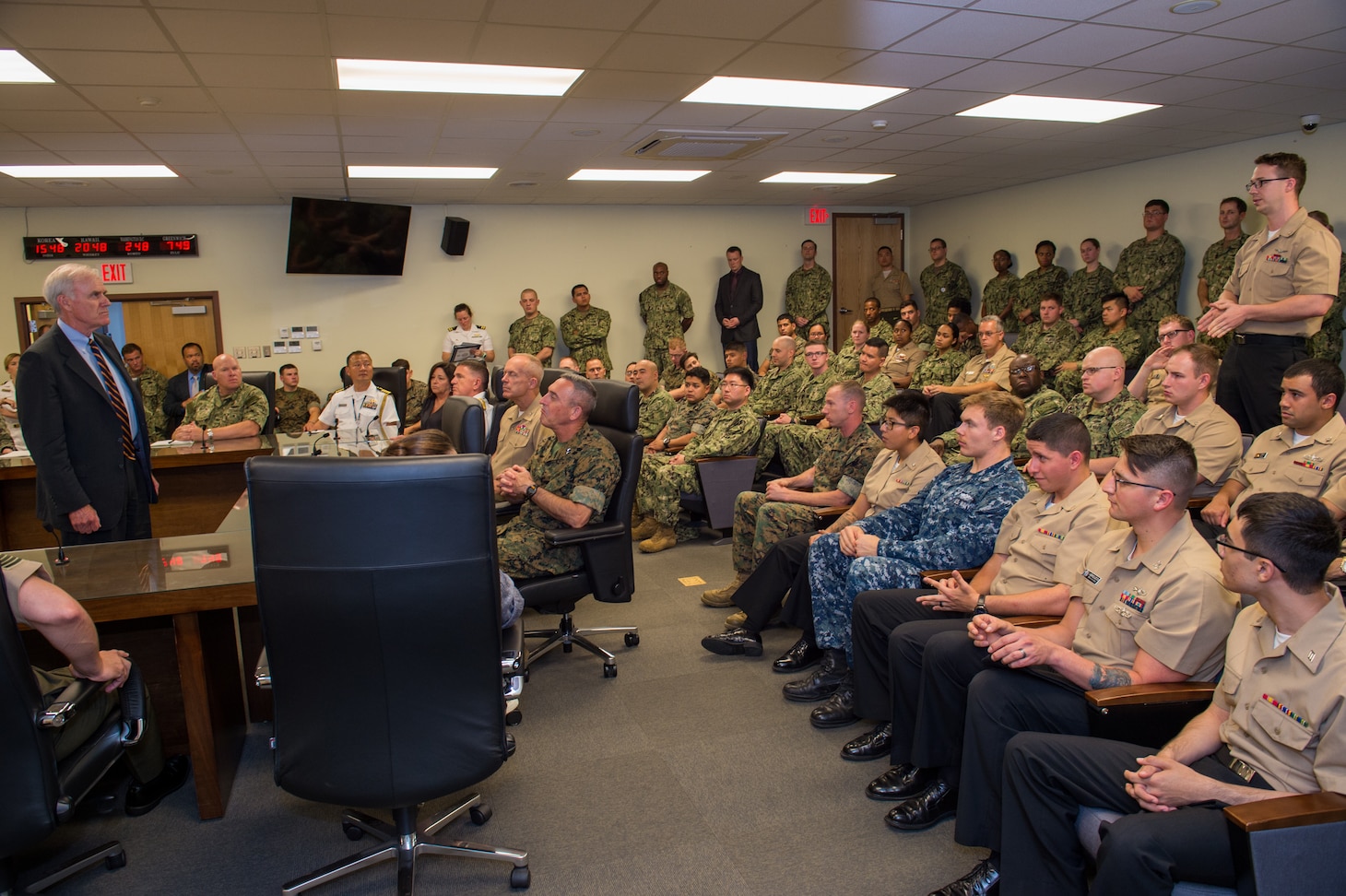 SEOUL, Republic of Korea (July 13, 2018) Secretary of the Navy Richard V. Spencer speaks with Sailors and Marines during an All Hands Call in Seoul. Spencer’s visit highlights the ironclad partnership between the U.S. and ROK Navies and is part of a broader visit to the Indo-Pacific region.
