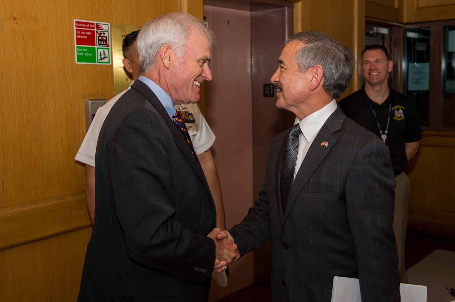 SEOUL, Republic of Korea (July 13, 2018) Secretary of the Navy Richard V. Spencer speaks with Ambassador Harry Harris, U.S. Ambassador to the Republic of Korea (ROK), at the U.S. Embassy in Seoul. Spencer’s visit highlights the ironclad partnership between the U.S. and ROK Navies and is part of a broader visit to the Indo-Pacific region.