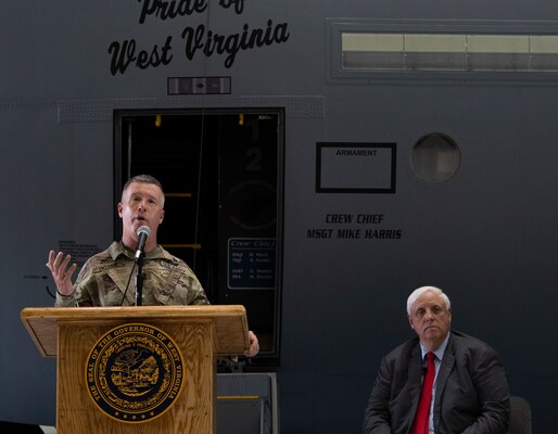 Maj. Gen. James Hoyer, Adjutant General of the West Virginia National Guard, discusses the economic impact of the WVNG during a plane naming ceremony held July 6, 2018 at McLaughlin Air National Guard Base, Charleston, West Virginia. The 130th AW unveiled a C-130H with the name “Pride of West Virginia” during the ceremony and Gov. Jim Justice thanked Guardsmen and women for their service to West Virginia and the nation.
