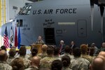 Maj. Gen. James Hoyer, Adjutant General of the West Virginia National Guard, discusses the economic impact of the WVNG during a plane naming ceremony held July 6, 2018 at McLaughlin Air National Guard Base, Charleston, West Virginia. The 130th AW unveiled a C-130H with the name “Pride of West Virginia” during the ceremony and Gov. Jim Justice thanked Guardsmen and women for their service to West Virginia and the nation.