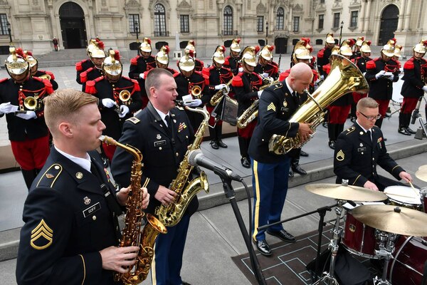 The 249th Band joined the Peruvian Armed Forces (PAF) “Mariscal Nieto” Cavalry Regiment to participate in the changing of the guard at Peru’s Presidential Palace on July 3, 2018, as the first foreign band to take part in the ceremonial event. The same day, the band showcased their talents at the official Independence Day celebration at the United States Department of State Chief of Mission Residence in Lima. The tour was also a celebration of the 21-year relationship between the WVNG and PAF through the State Partnership Program (SPP).
